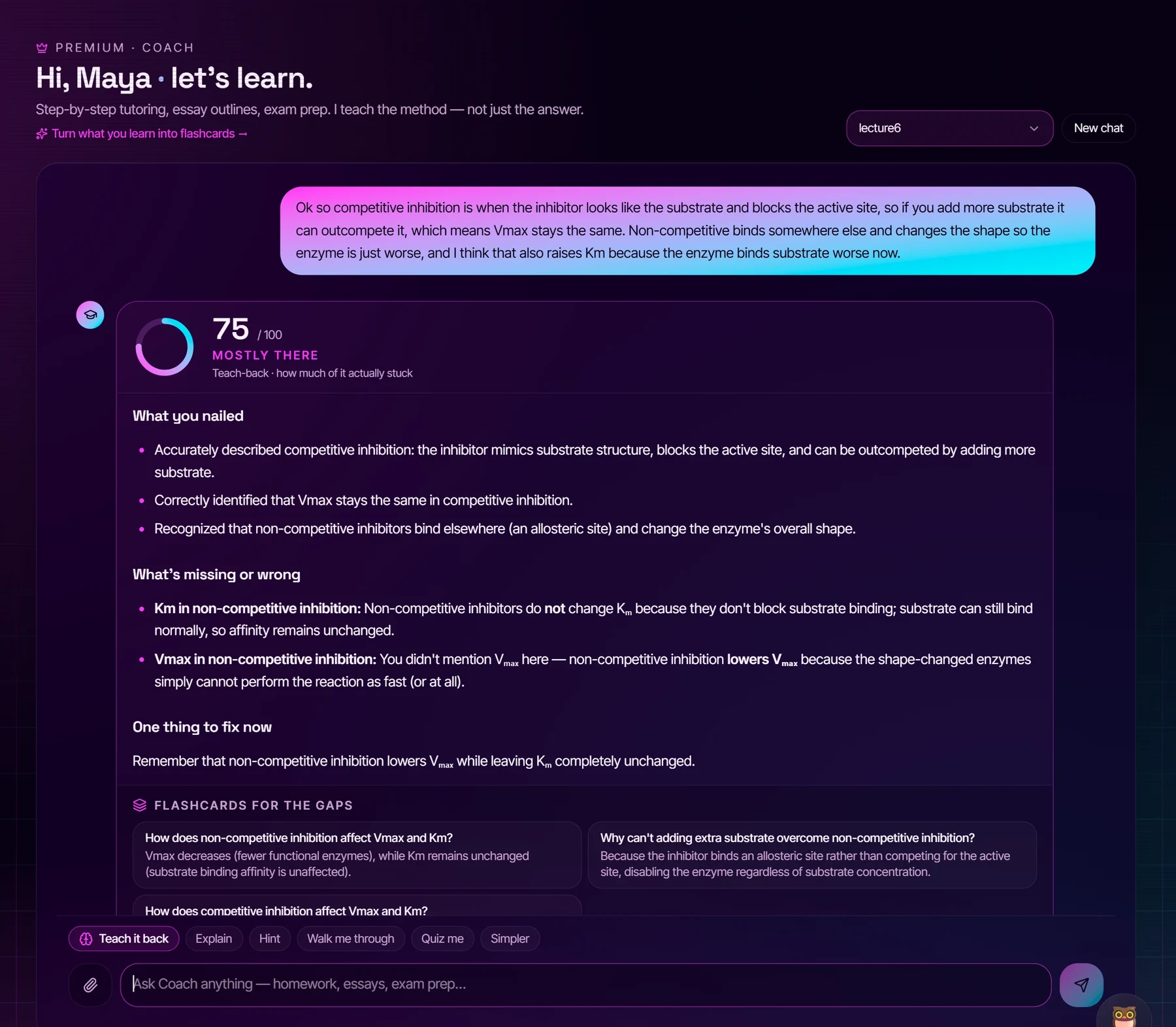 AI Coach in teach-back mode: the student's own explanation, an understanding score of 75, what they nailed, what was missing, one fix, and three flashcards generated for the gaps