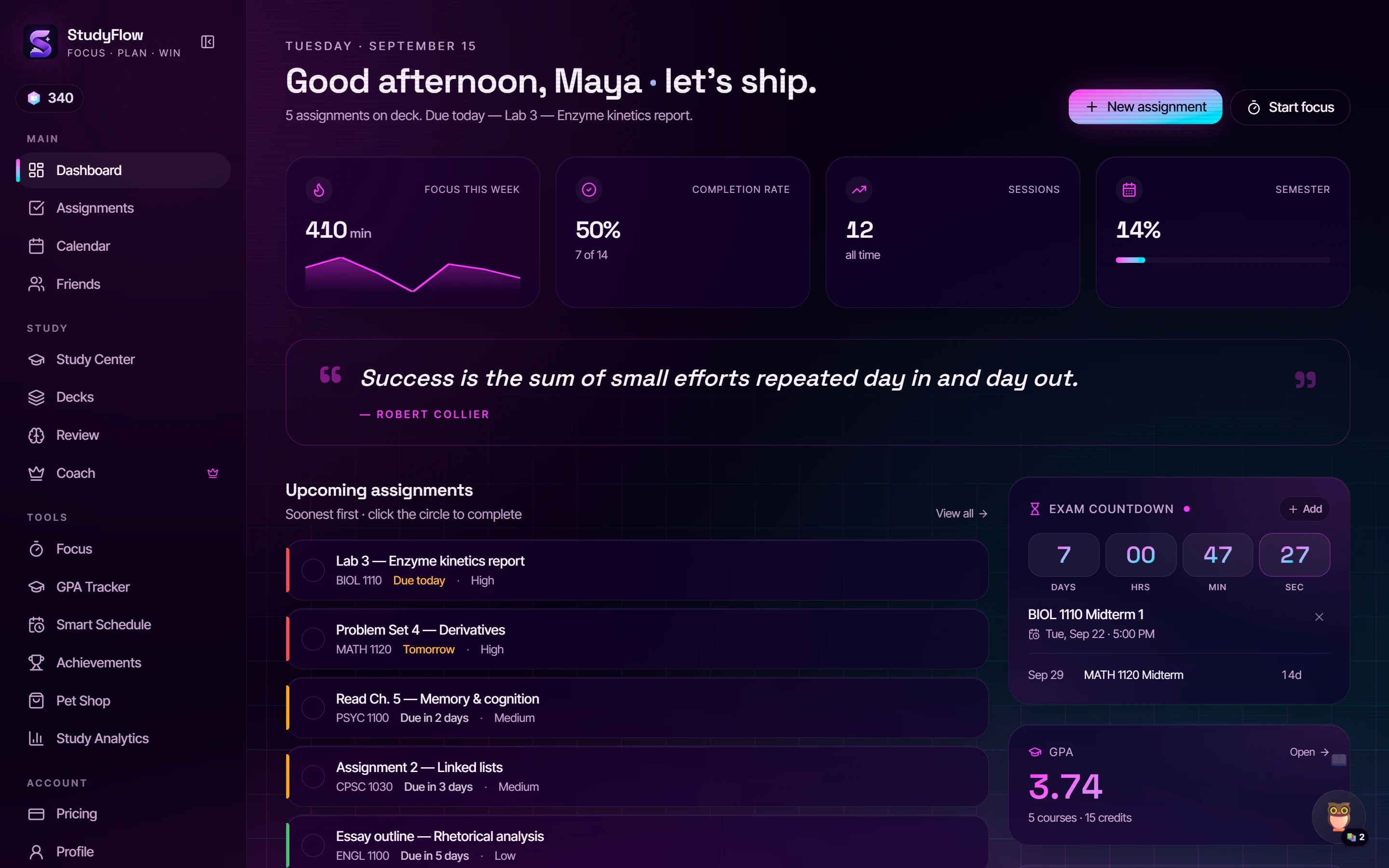 The StudyFlow dashboard in the Cyber Neon theme: greeting, focus and completion stats, upcoming assignments and an exam countdown