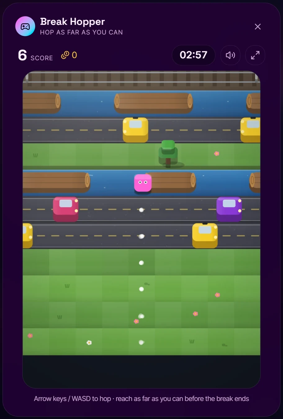 Break Hopper mid-run: the character crossing a river on a log between roads with cars