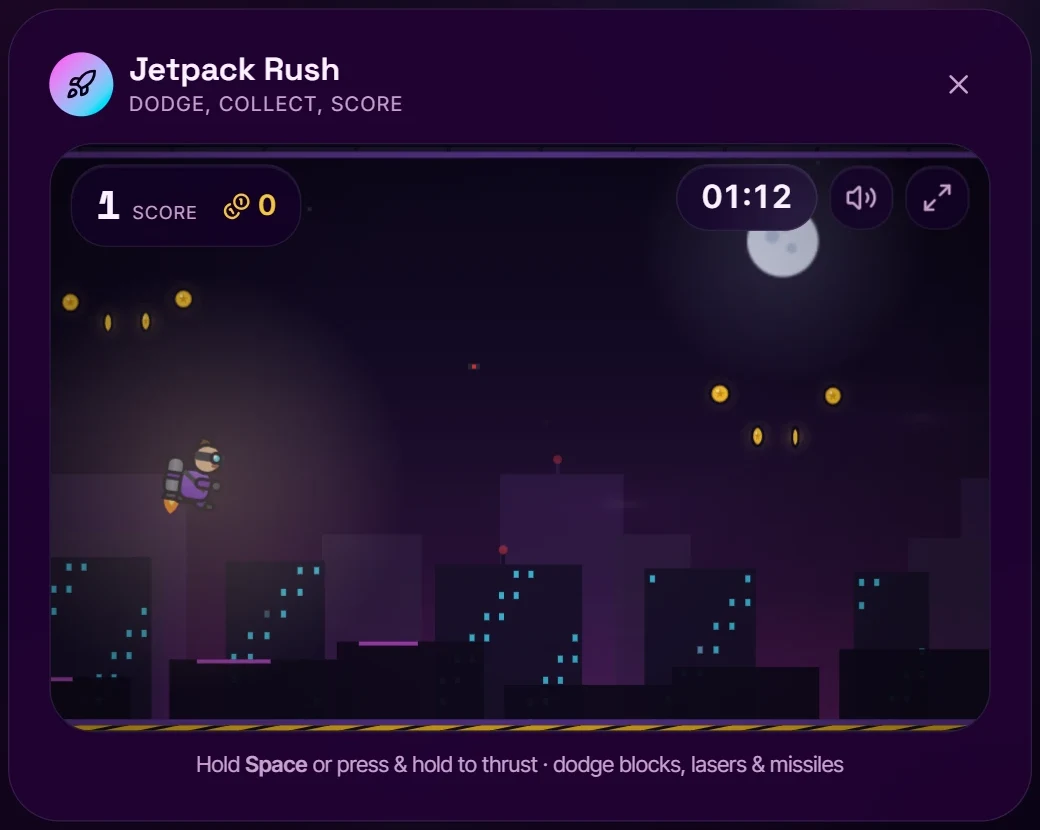 Jetpack Rush mid-flight: the pilot airborne over the neon skyline collecting coins
